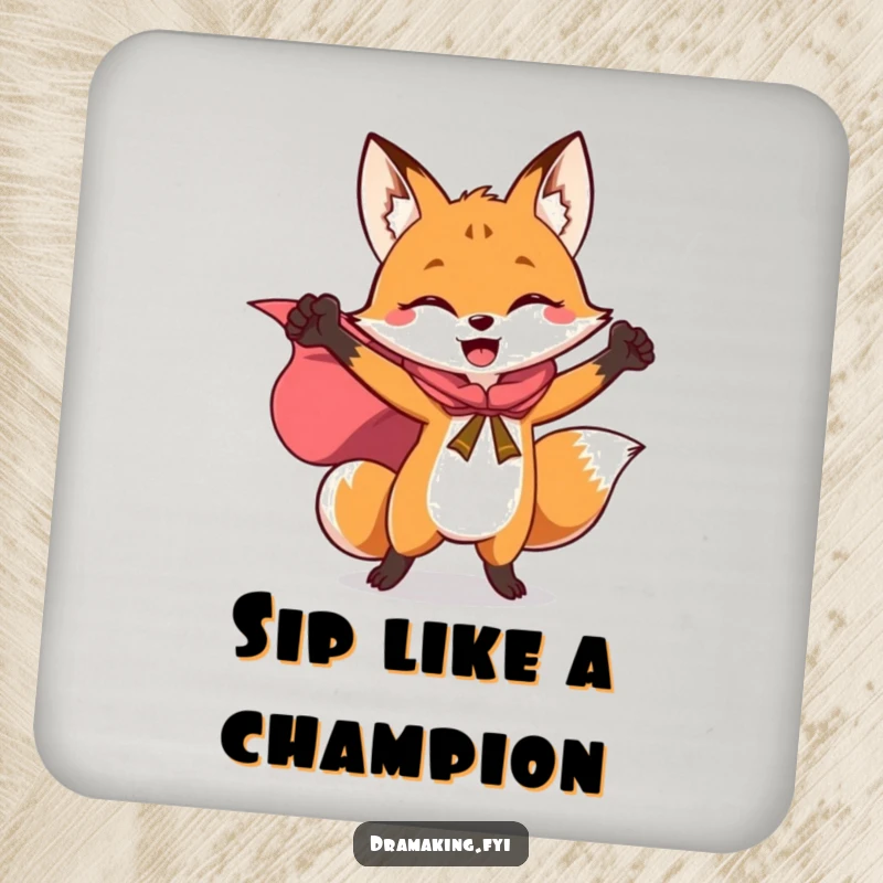 Funny drink coaster with a triumphant fox wearing a flowing cape, striking a heroic pose, protecting surfaces.