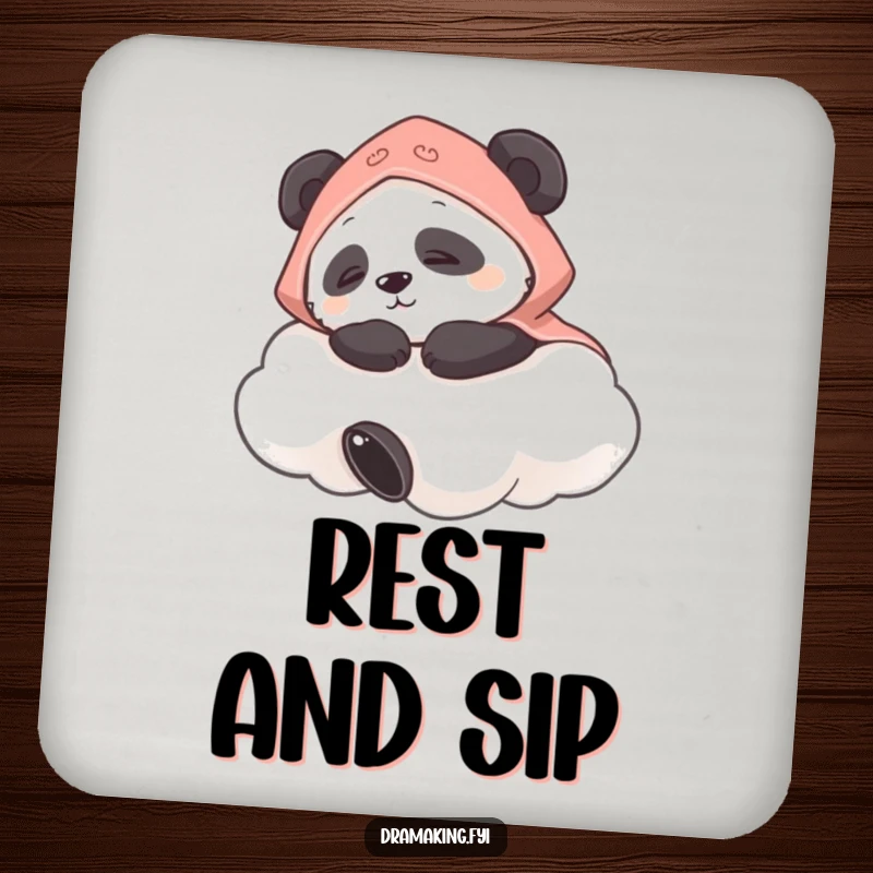 Funny coaster featuring a panda wearing a cape napping on a cloud, a humorous and charming addition to any table.