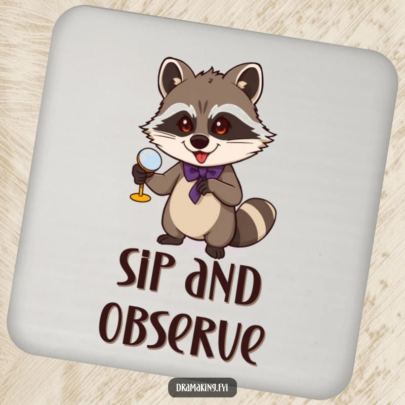 Funny Raccoon Coaster: A mischievous raccoon gestures with opera glasses, a humorous and sophisticated table protector.