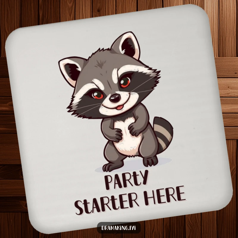Funny raccoon coasters featuring a playful character in a dramatic pose with a sly smile, designed to protect surfaces with humor.
