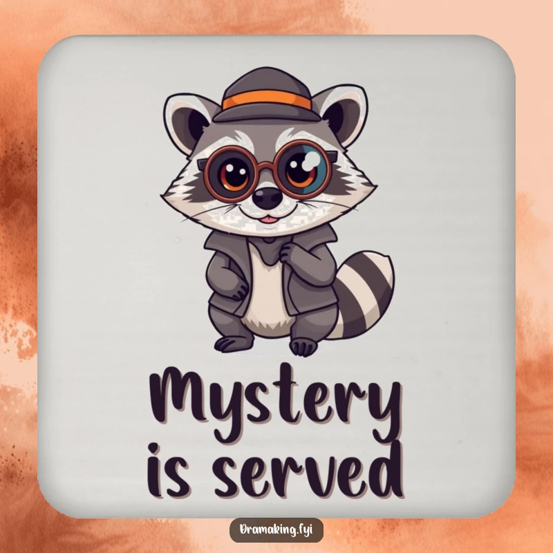Funny Raccoon Detective Coaster: A mischievous raccoon with a monocle pretends to be a detective, offering witty table protection.