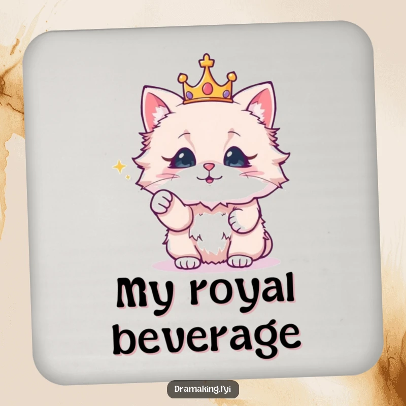 Funny coaster with a fluffy cat wearing a crown, dramatically pointing at a sparkling object, for regal surface protection.