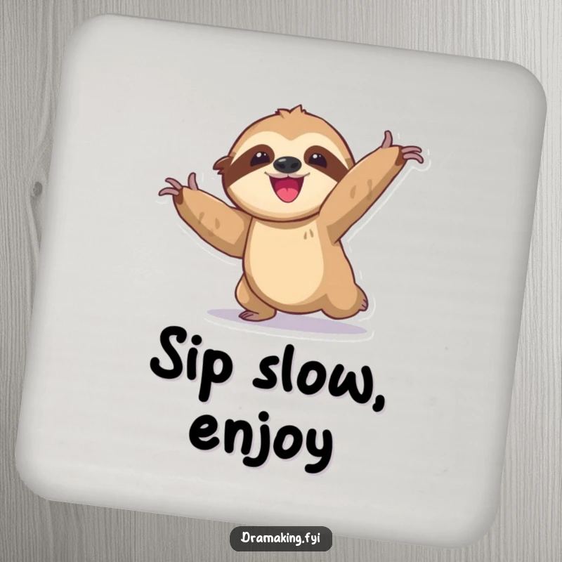 Funny sloth coasters featuring a delighted character in an exaggerated, slow, dramatic pose, designed to protect surfaces with humor.