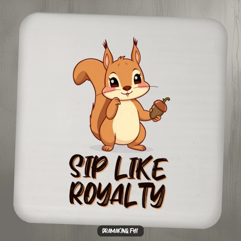 Funny squirrel drink coasters featuring a squirrel dramatically pointing an acorn scepter, adding humorous woodland protection to surfaces.