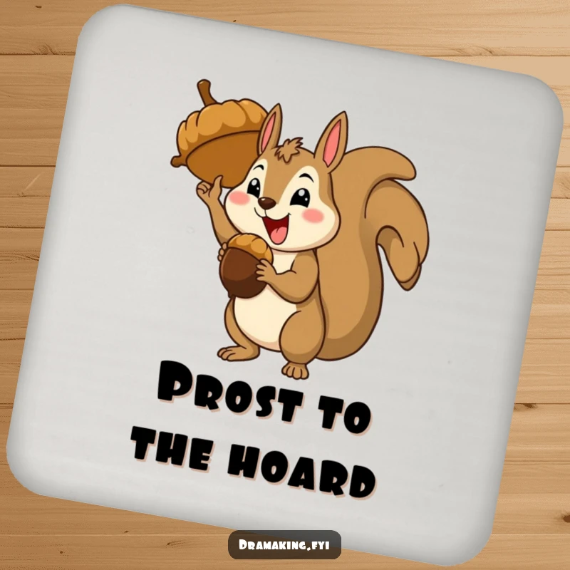Funny happy squirrel character striking a triumphant pose with a giant acorn, set of coasters, festive decor.