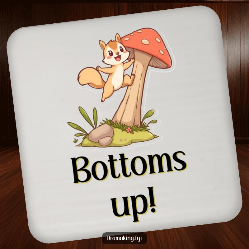 Funny Drink Coaster featuring an energetic squirrel character leaping from a mushroom, offering surface protection with a humorous design.