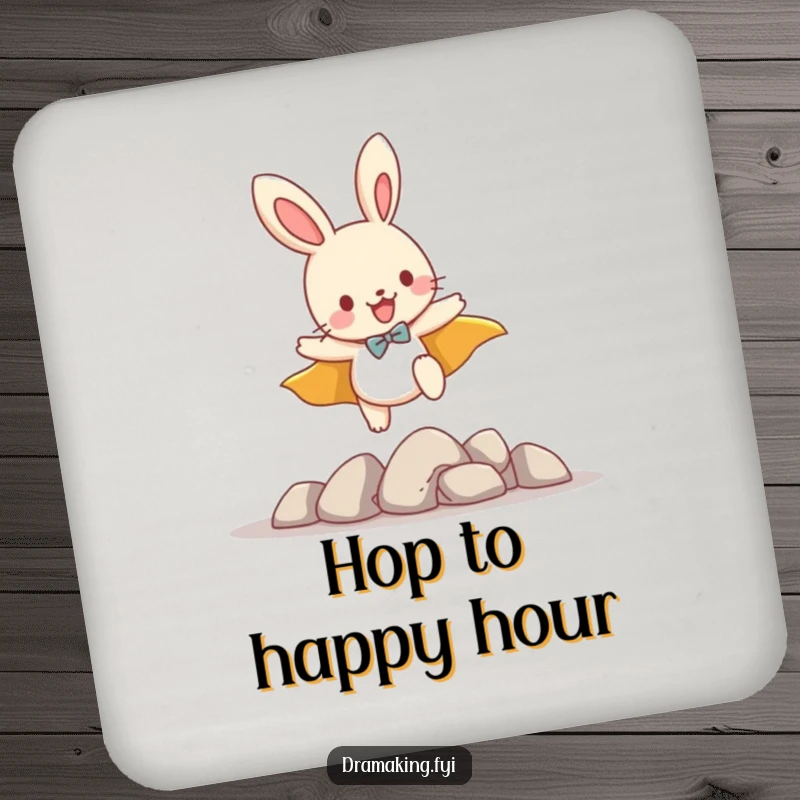 Funny drink coaster featuring a playful bunny wearing a cape, leaping over small imaginary obstacles, protecting surfaces.