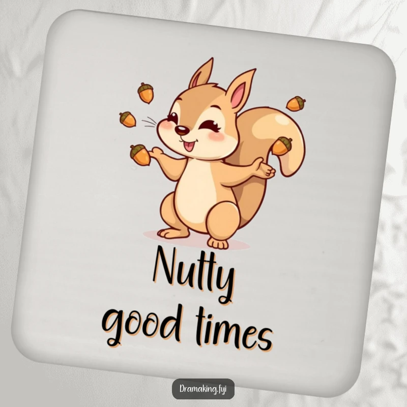 Funny squirrel coaster with a dramatic character tossing shiny acorns into the air, protecting surfaces with playful flair.