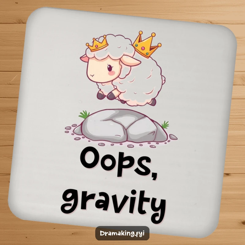 Funny Sheep Crown Coaster featuring a fluffy sheep wearing a crown tripping dramatically over a tiny pebble, a humorous surface protector.