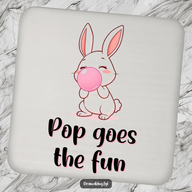 Funny coaster featuring a cheerful rabbit blowing a giant pink bubblegum bubble, adding playful protection to surfaces.