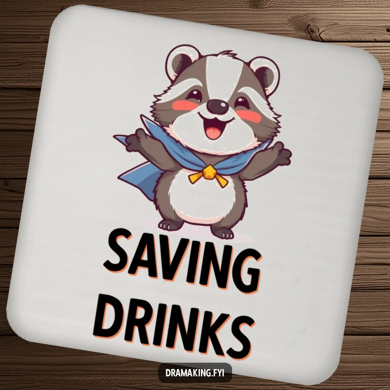 Funny drink coaster displaying a joyful badger in a heroic pose with a small cape, protecting surfaces with charm.