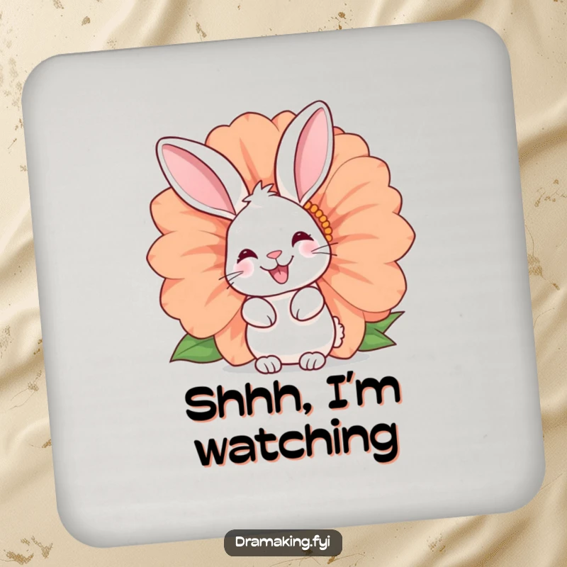 Funny rabbit coasters featuring a happy bunny peeking from a flower. Protects surfaces with charm and humor, great for gifting.
