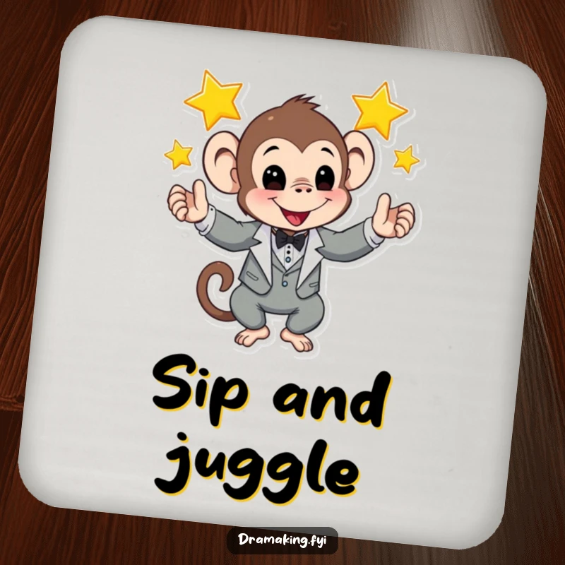 Funny coaster featuring a monkey in a tuxedo juggling shining stars, a humorous and stylish addition to any table.