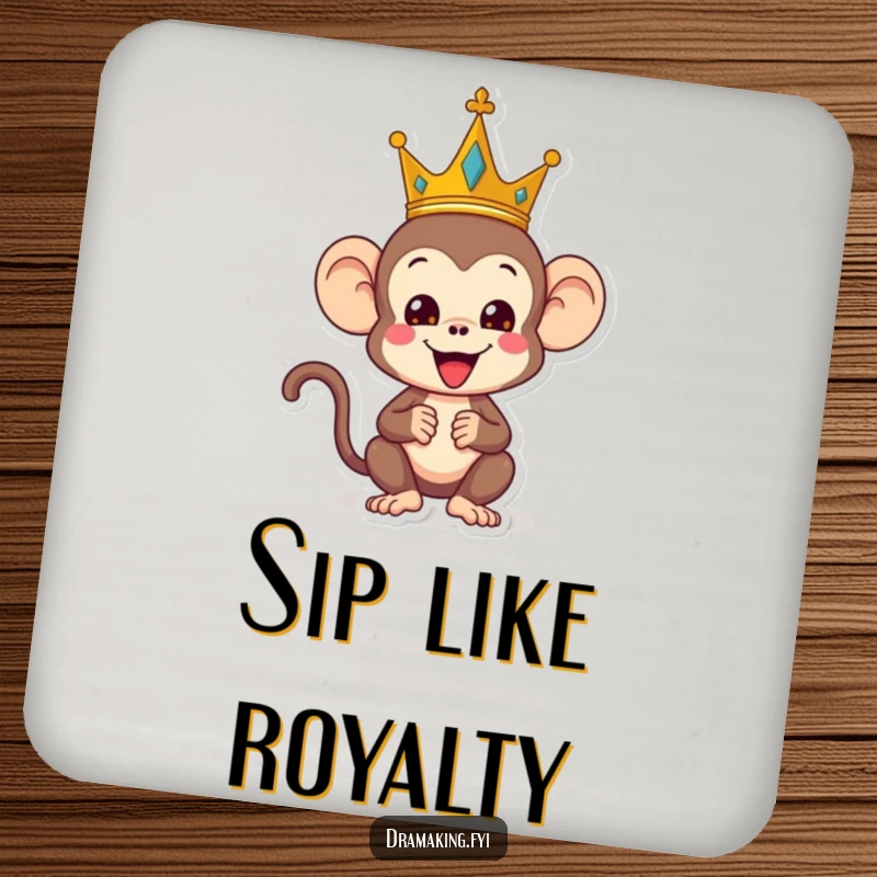 Funny monkey coasters, depicting a playful monkey wearing a crown and striking a regal yet silly pose, humorous coasters.