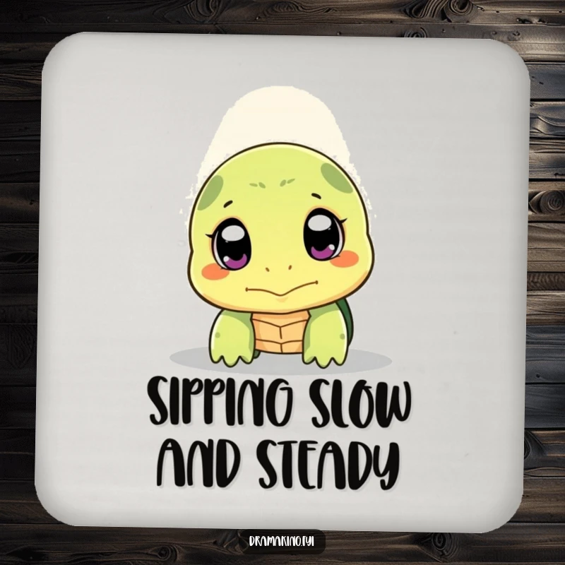 Funny shy turtle drink coaster featuring a turtle peeking its head out with wide, expressive eyes under a spotlight, protecting surfaces.