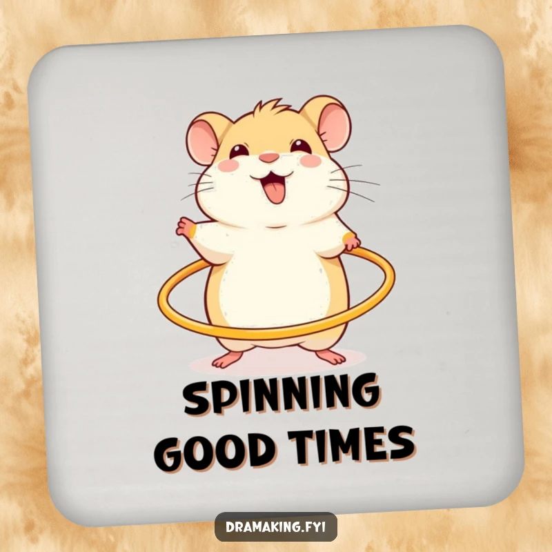 Funny coaster with a cheerful hamster, excited and spinning a miniature hula hoop, for energetic surface protection.