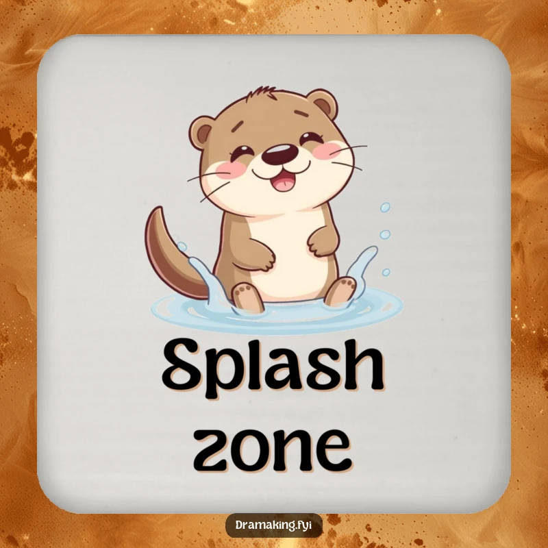 Funny otter character splashing joyfully in a puddle on a drink coaster, adding playful joy and humor to settings.