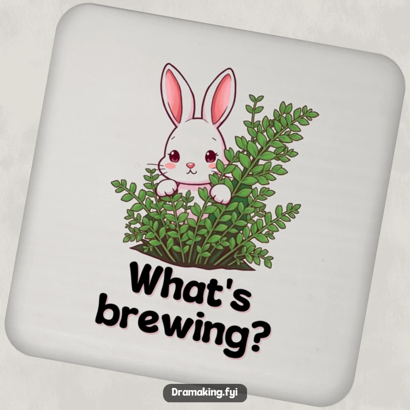 Funny rabbit peeking from behind a lush fern on a drink coaster, adding curious woodland charm and humor.