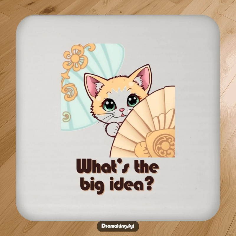 Funny coaster featuring a curious cat with large eyes peeking around an ornate fan, adding mysterious protection.