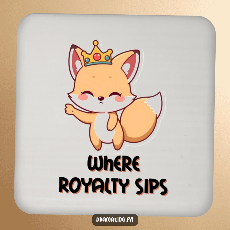 Funny Fox Crown Coaster Set, depicting a cute fox wearing a crown, striking a dramatic pose, offering regal surface protection.