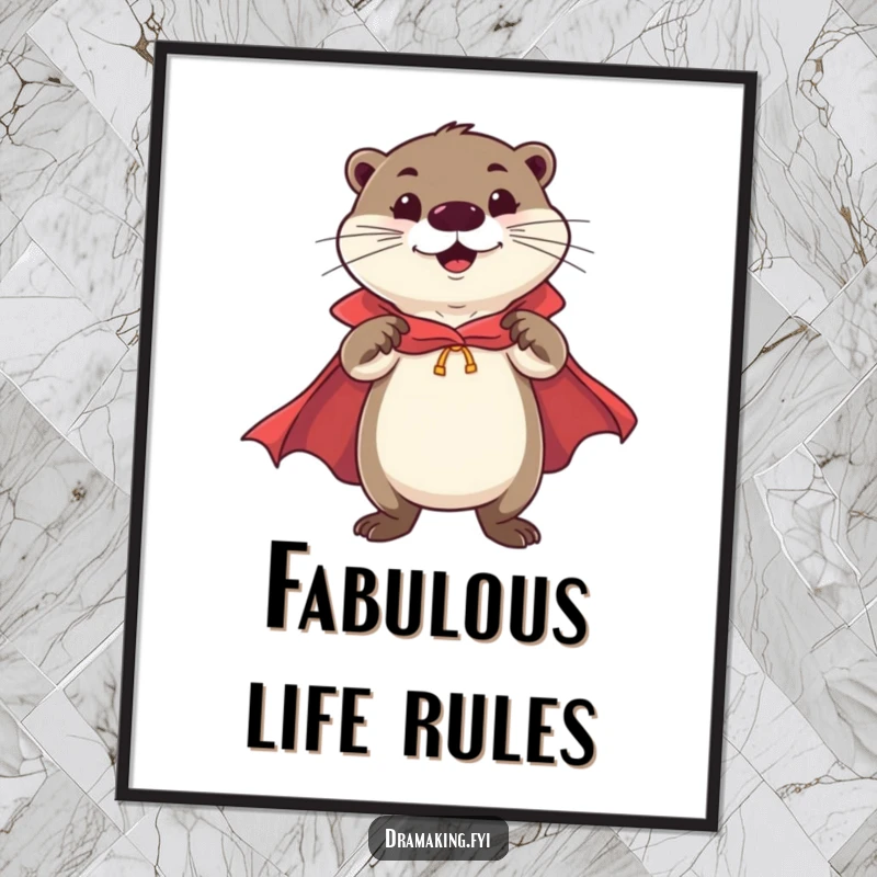 Funny Otter Hero Poster depicting a cheerful otter in a cape, striking a flamboyant, confident pose, perfect for funny wall art.