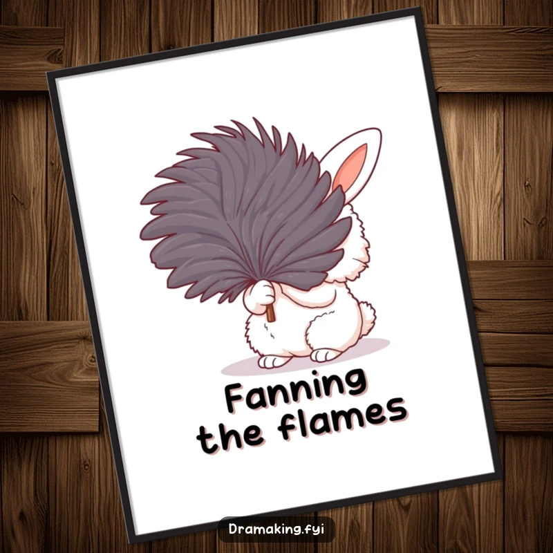 Funny poster art of a fluffy bunny fanning itself with a large feather, creating a dramatic and humorous scene for wall decor.