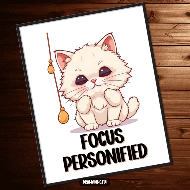 Funny cat poster capturing a fluffy cat’s intense focus as it dramatically bats a dangling string with comically pursed lips.