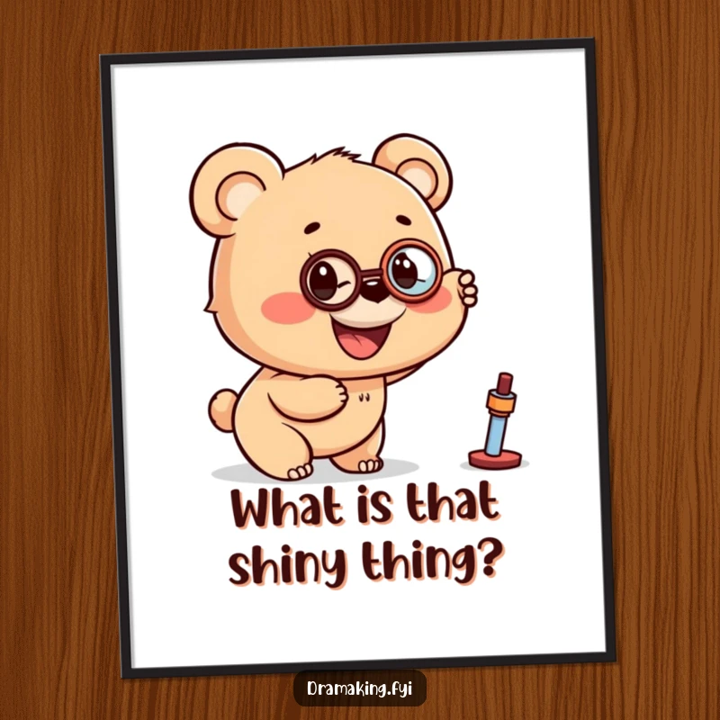 Funny poster art of a smiling bear cub wearing a monocle, pointing excitedly at a distant object, full of wonder.