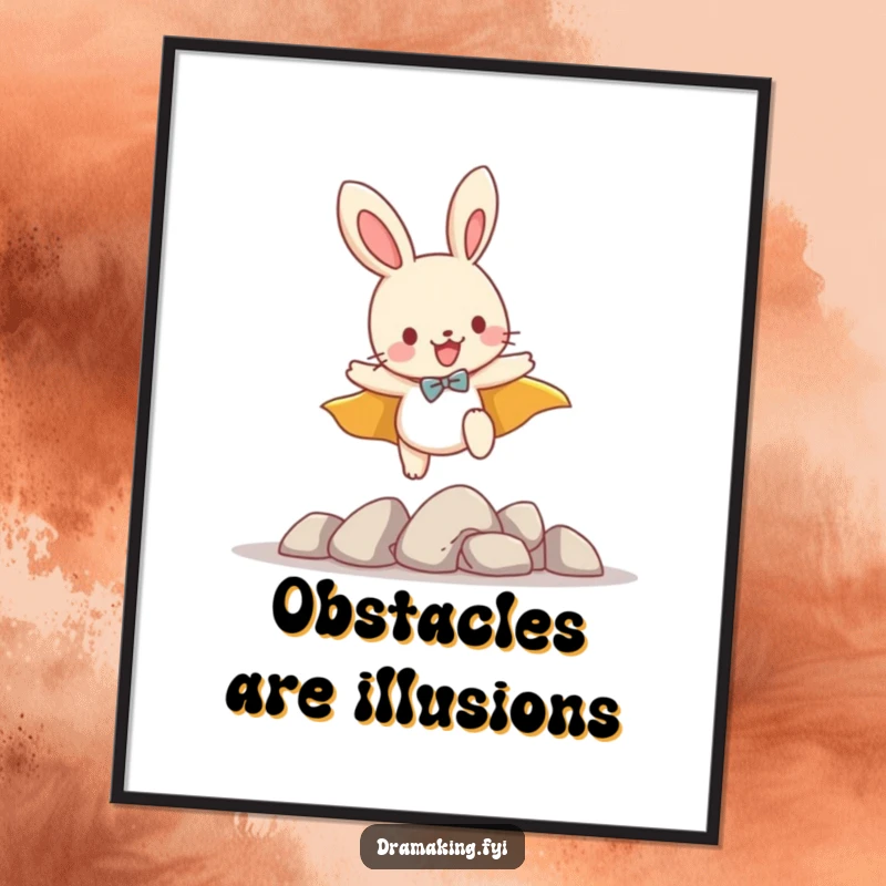 Funny poster of a playful bunny wearing a cape, leaping over small imaginary obstacles, radiating heroic charm and fun.