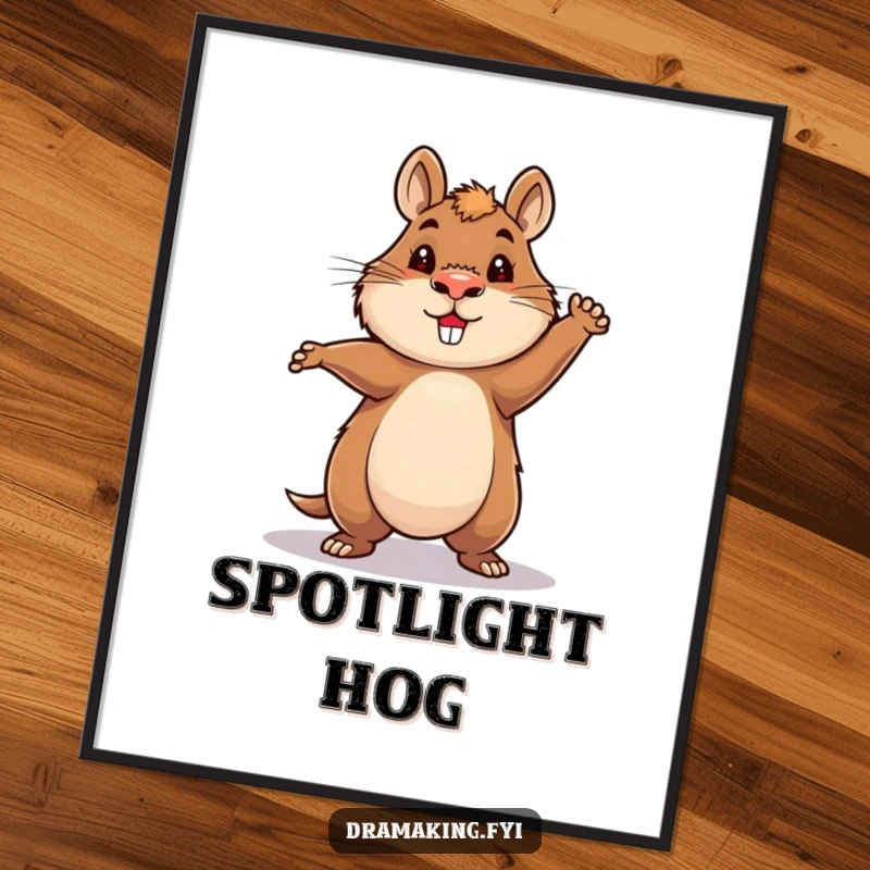 Funny Capybara Hero Poster depicting a capybara in a heroic, dramatic, over-the-top pose within a spotlight, perfect funny decor.