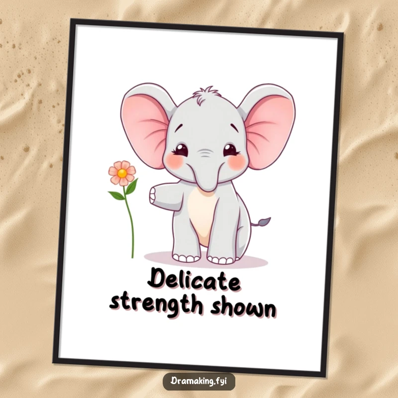 Funny Elephant Calf Balancing Poster: A joyful elephant calf balances with a flower, creating uplifting and funny wall art.
