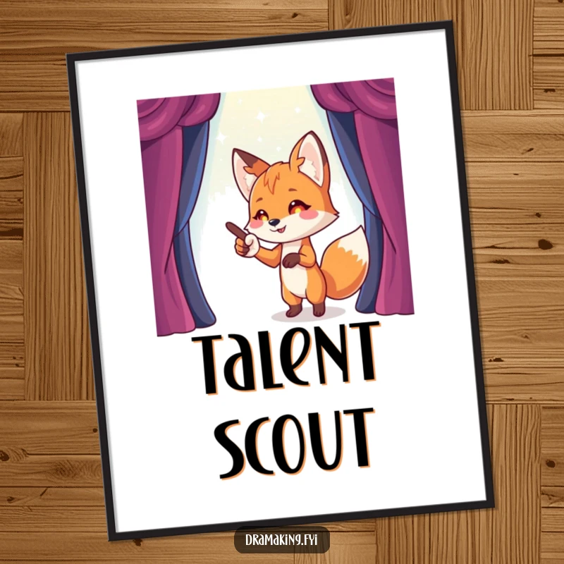 Funny Fox Stage Director Poster featuring a playful fox dramatically pointing towards a sparkling, imaginary stage, inspiring funny creativity.