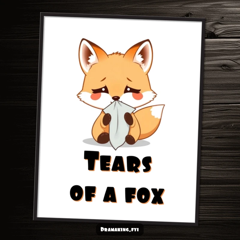 Funny poster art of a small fox dramatically weeping into a tiny handkerchief, conveying exaggerated emotions for humorous wall decor.