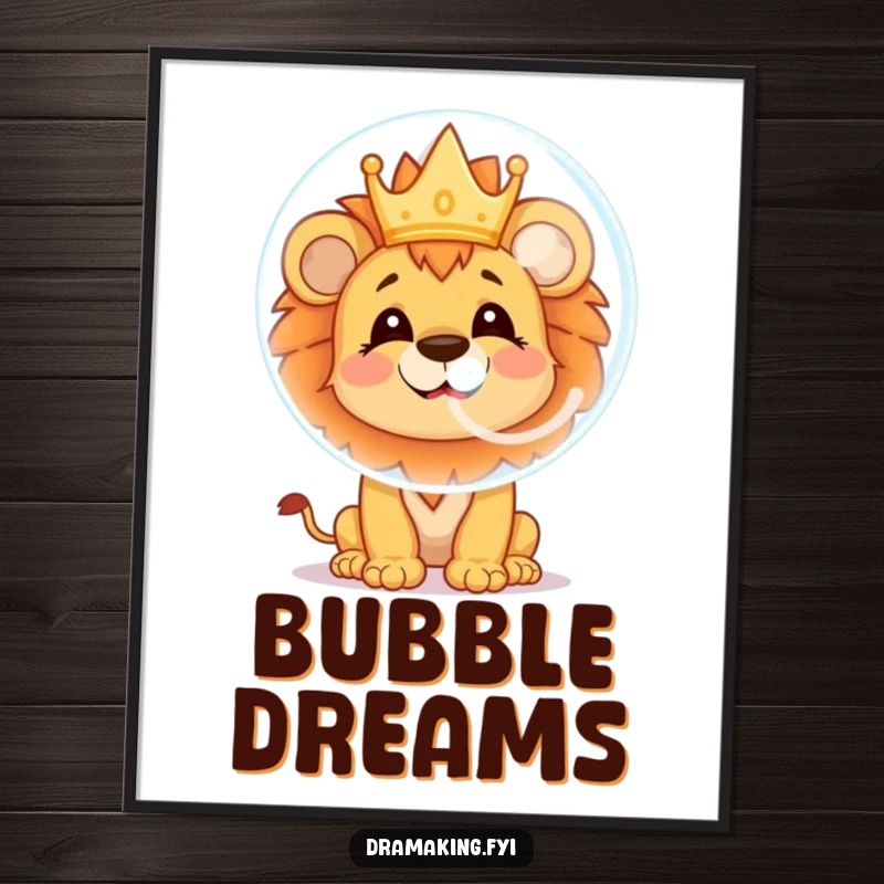 Funny lion cub poster print of a cheerful character blowing a big soap bubble reflecting a tiny crown, suitable for kids' rooms.