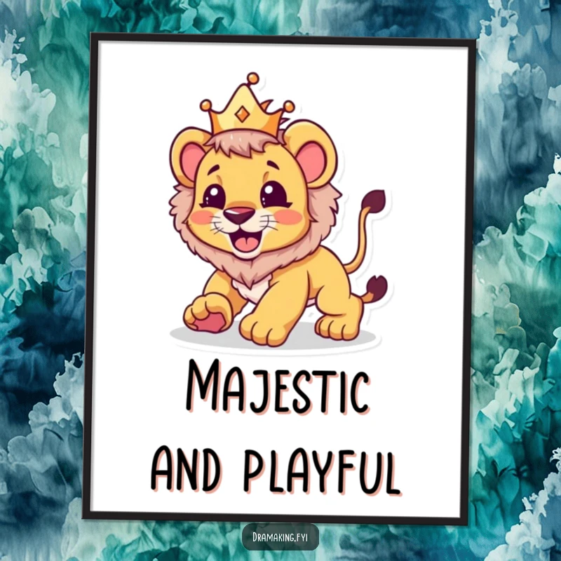 Funny poster capturing a lion cub in a small crown playfully pouncing with a beaming smile, evoking playful royalty and energy.