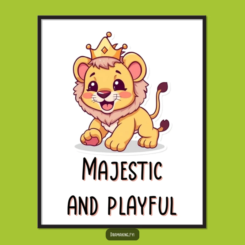 Funny Lion Cub Crown Poster: Hilarious Pouncing Art, Perfect Funny Gift!