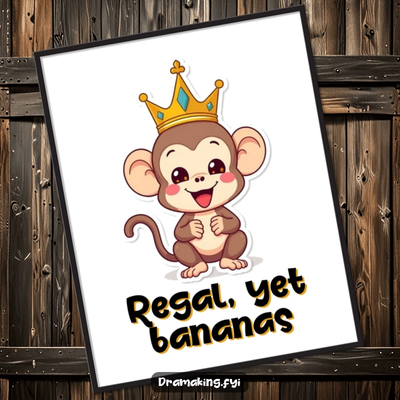 Funny monkey poster, showing a playful monkey wearing a crown and striking a regal yet silly pose, humorous royal wall art.