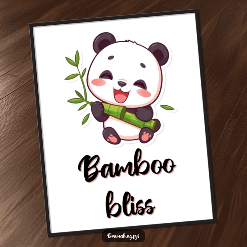 Funny Poster displaying a delighted panda character peacefully eating bamboo, offering serene and humorous wall art for any space.