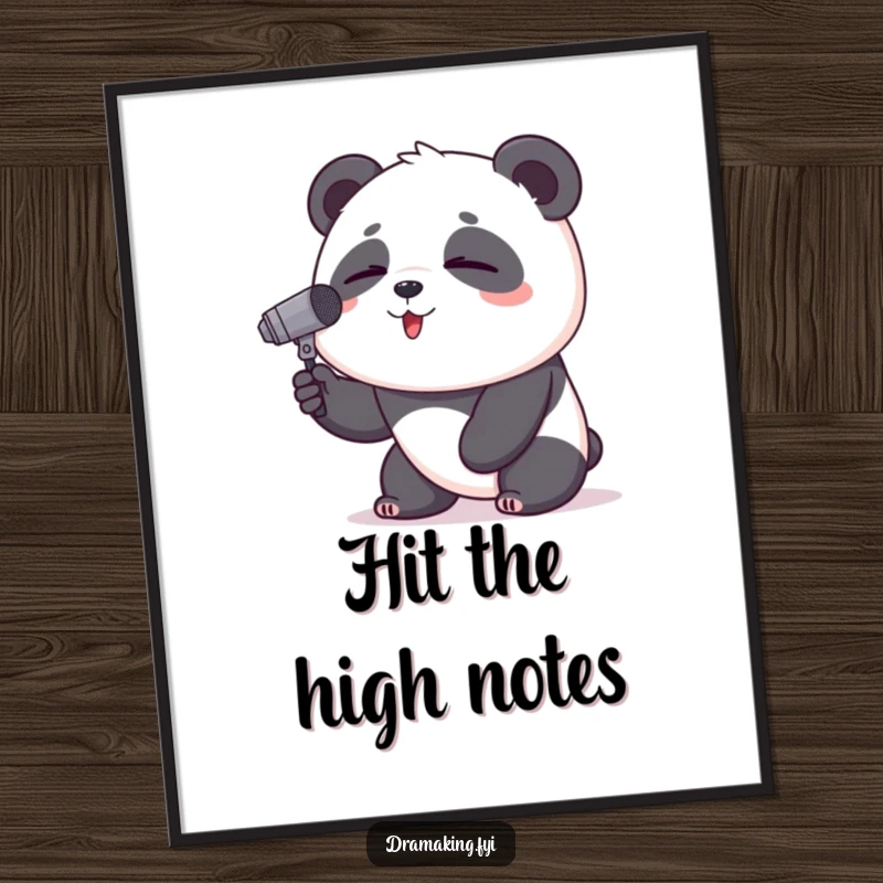 Funny Panda Poster: A proud panda with closed eyes sings into a tiny microphone, radiating pure musical joy.