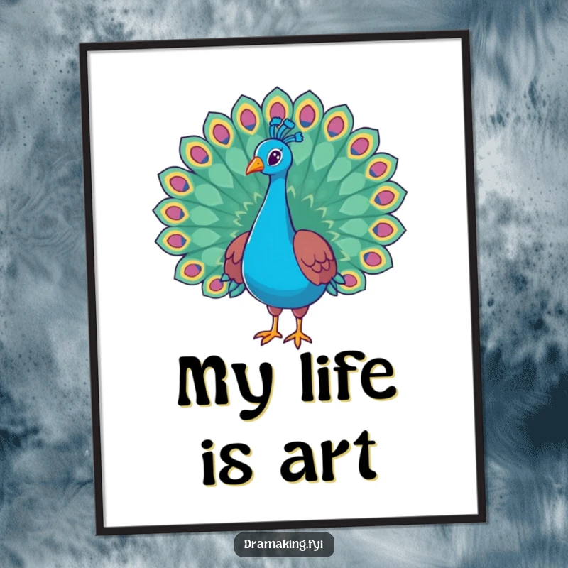 Funny peacock poster of a regal bird with its magnificent tail feathers flared wide in a grand, humorous, and proud display.