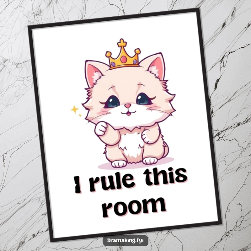 Funny poster of a fluffy cat wearing a crown, dramatically pointing at a sparkling object, for regal wall art.