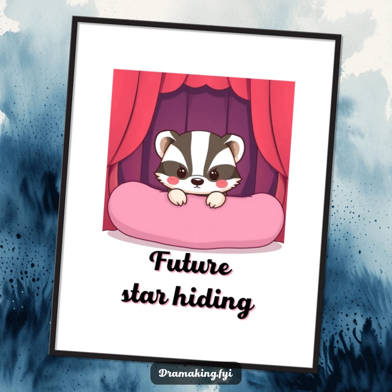 Funny Shy Badger Stage Poster of a bashful badger peeking from behind a cushion, ready for its hilariously anticipated center stage moment.