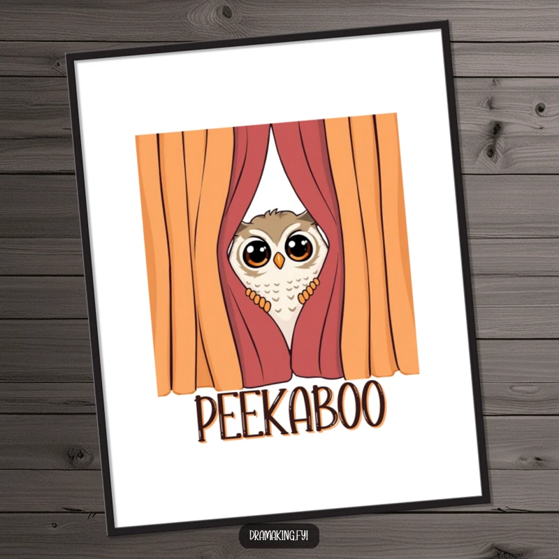 Funny Shy Owl Poster, illustrating a curious owl peeking from behind a dramatic curtain, surprised by attention, whimsical wall art.
