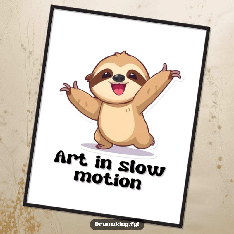 Funny sloth poster featuring a delighted animal slowly entering an exaggerated, dramatic pose, perfect for wall decor and bringing smiles.