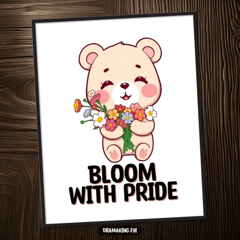 Funny Smug Bear Poster, illustrating a small bear with a bouquet of flowers, looking overly pleased with itself, whimsical wall art.
