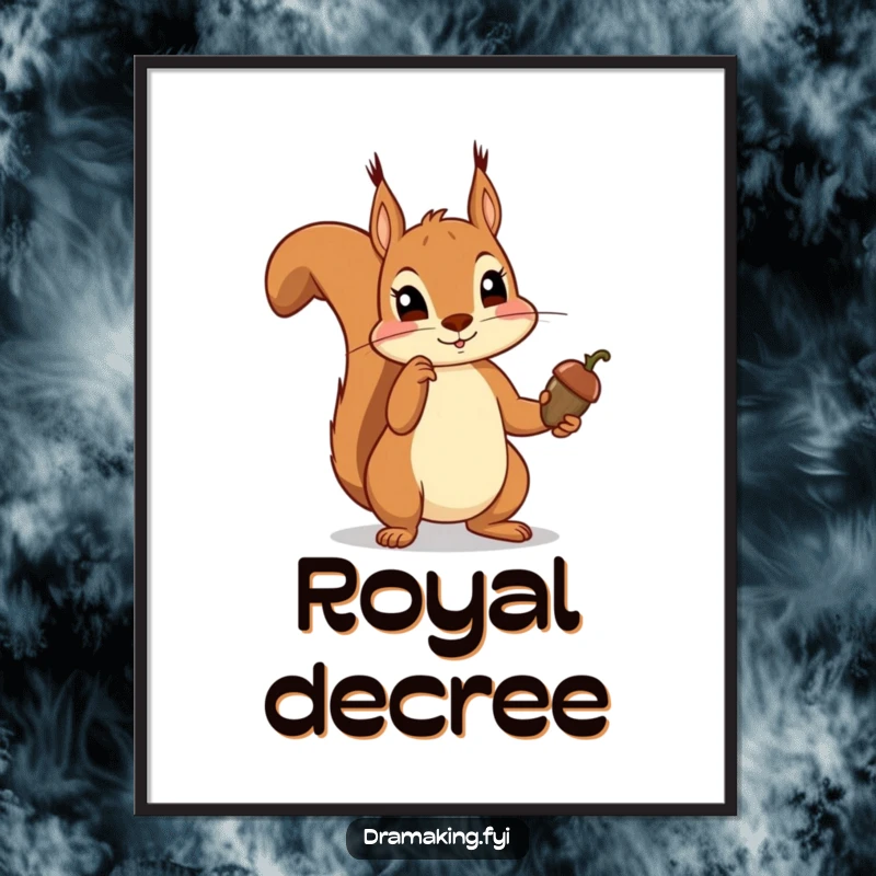 Funny squirrel poster of a squirrel dramatically pointing an acorn like a scepter, exuding humorous authority and woodland charm.