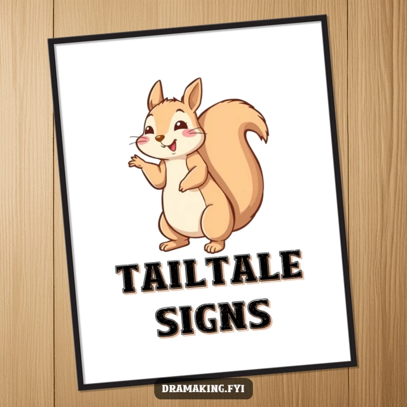 Funny happy squirrel poster striking a dramatic pose with tail fluffed high, energetic and humorous wall art.