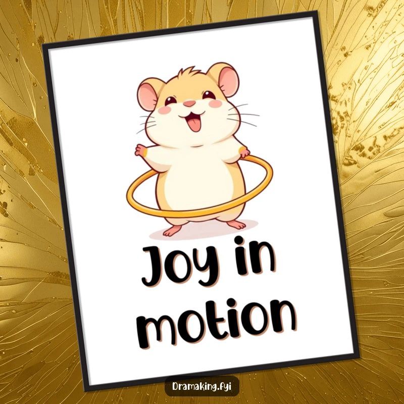 Funny poster of a cheerful hamster, excited and spinning a miniature hula hoop, for vibrant pet-themed decor.