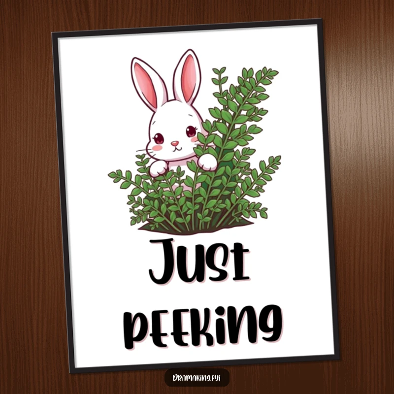 Funny rabbit peeking from behind a lush fern on a poster, creating curious and whimsical wall art for a gift.