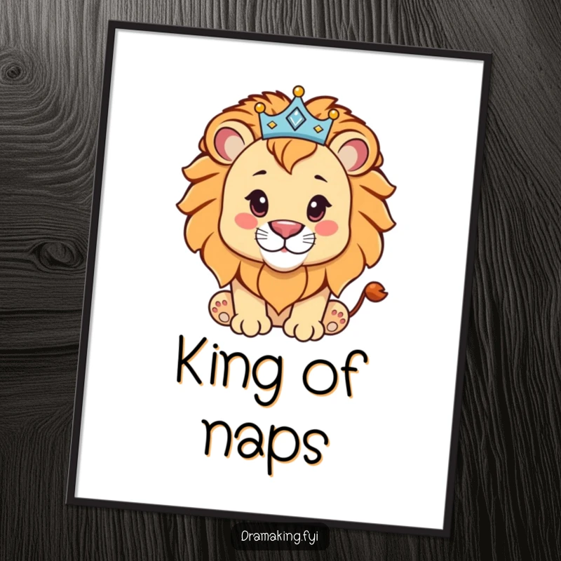 Funny lion cub wearing a sparkly crown, a regal and proud character on this poster, perfect for humorous wall decor.